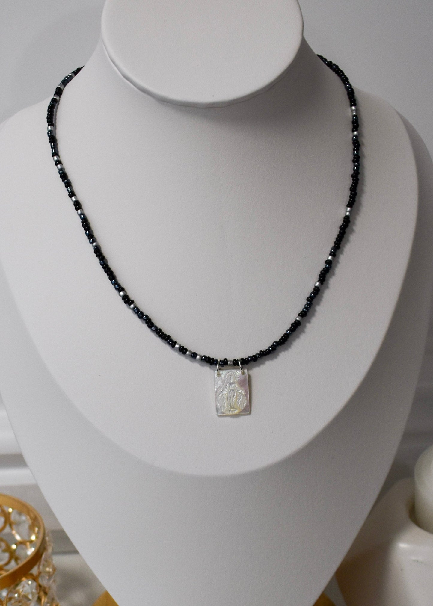 Black scapular white virgin necklace
