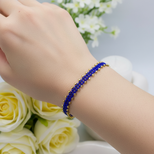Ai genterated hand wearing a blue beaded bracelet with white flowers and yellow roses in the background