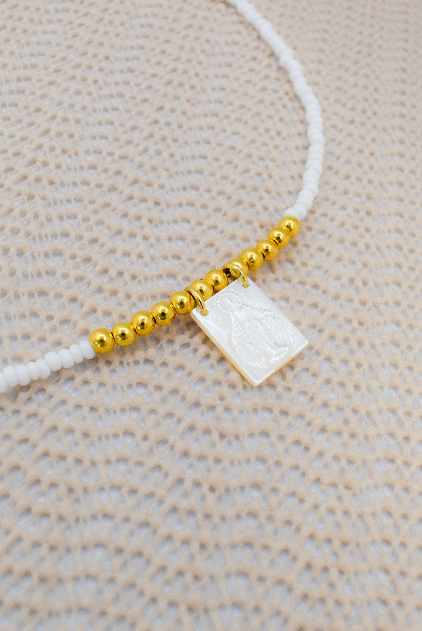 WHITE BEADED SCAPULAR NECKLACE