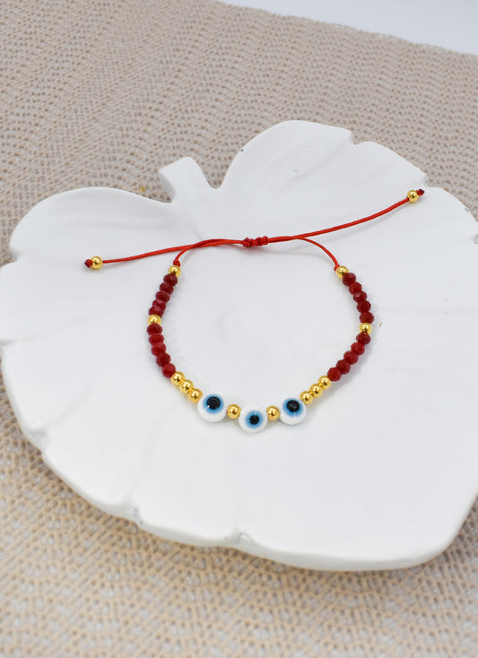 Evil Eye trio Bracelet with Crystals (Red)