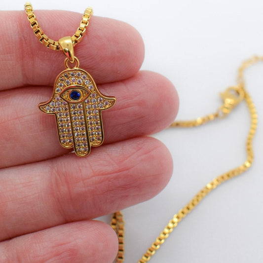 Hamsa Hand Charm Necklace on hand
