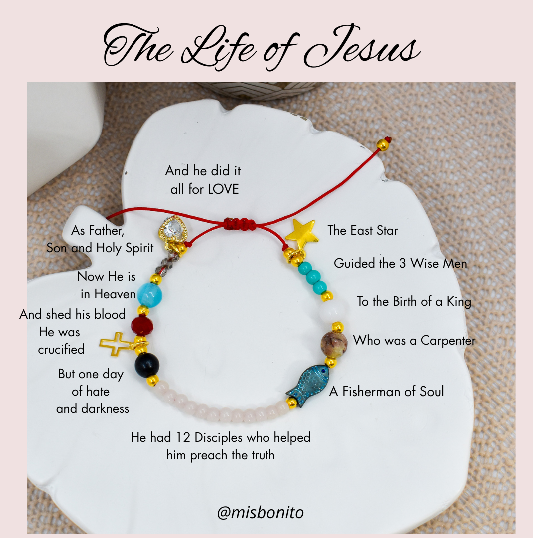 Bracelet with beads and text about 'The Life of Jesus' on a white background