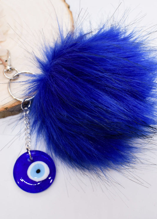 blue fur pom pom keychain