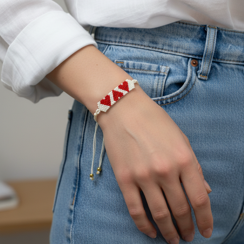 Person wearing a bracelet with a red and white pattern on a plain background