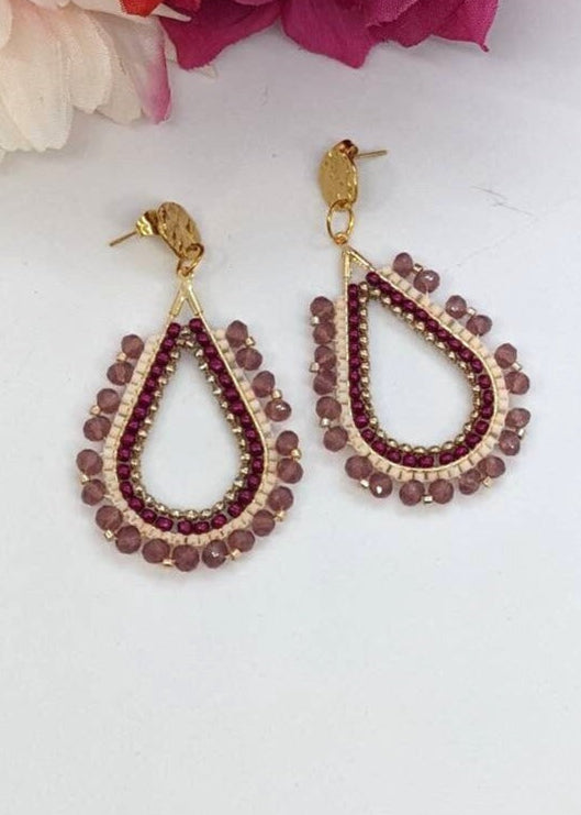 Burgundy oval beaded earrings