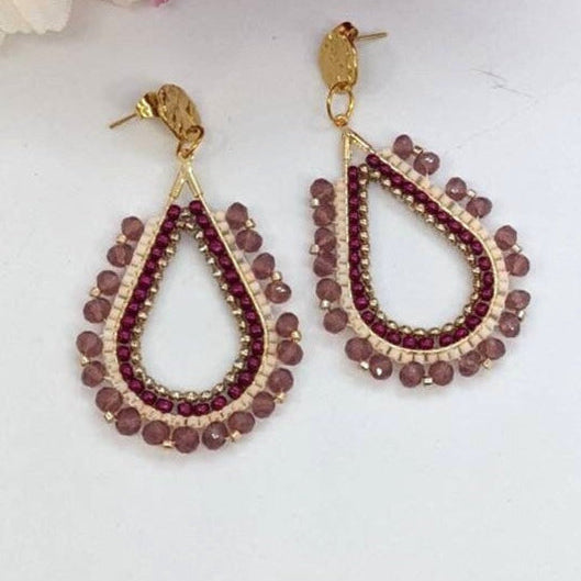Burgundy oval beaded earrings