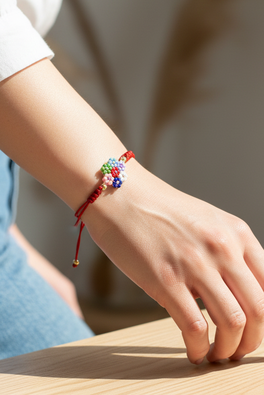 a model wearing a flower beaded bracelet