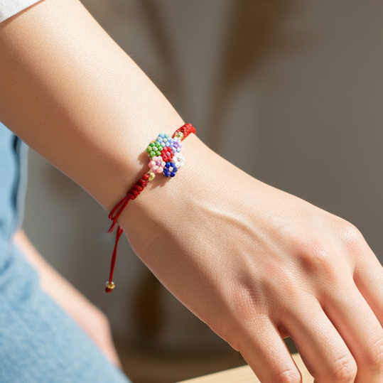 a model wearing a flower beaded bracelet