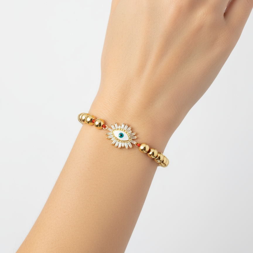 Ai generated Gold bracelet with a decorative clasp on a hand against a light gray background