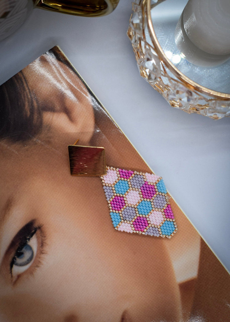 honeycomb pink earrings on model