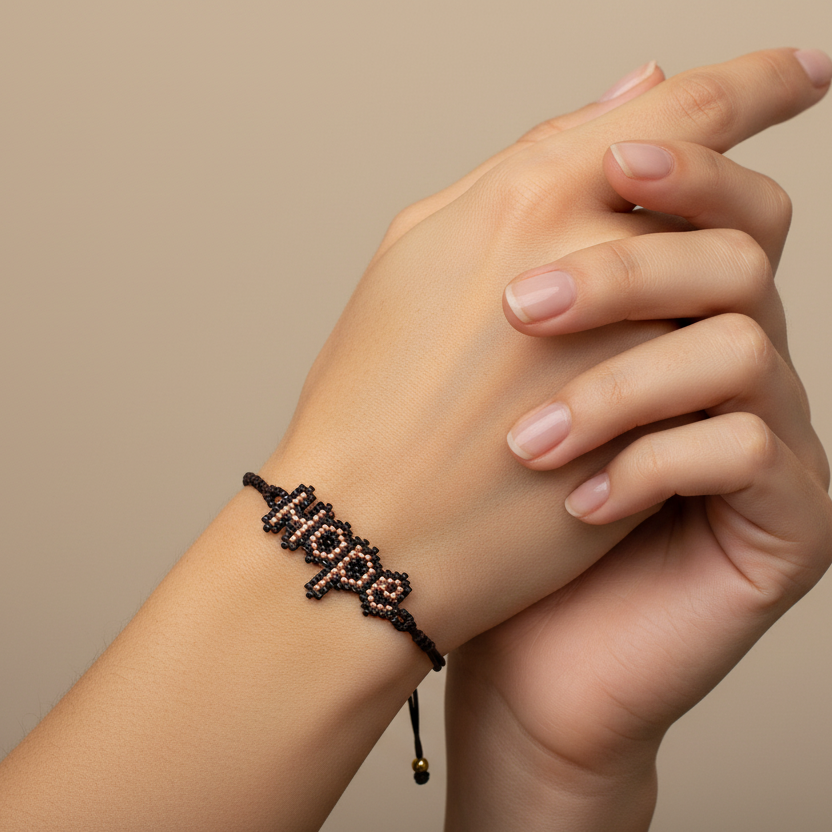 Hand wearing a bracelet on a beige background
