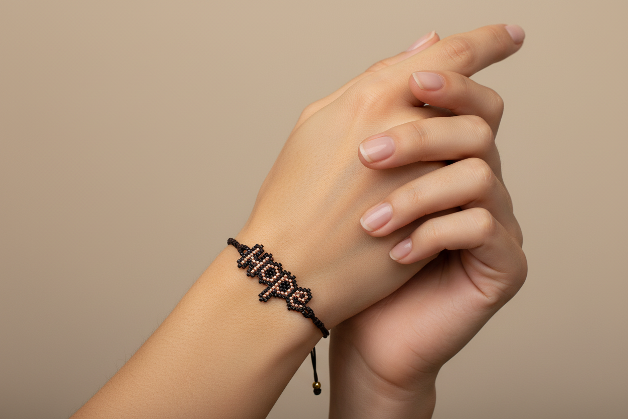 Hand wearing a bracelet on a beige background