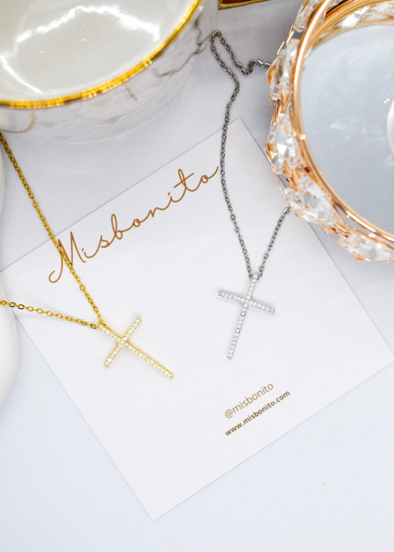 pave cross silver and gold