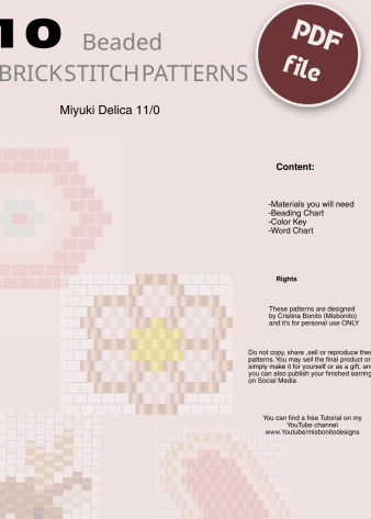 Beaded brick stitch patterns with Miyuki Delica 11/0 beads on a white background