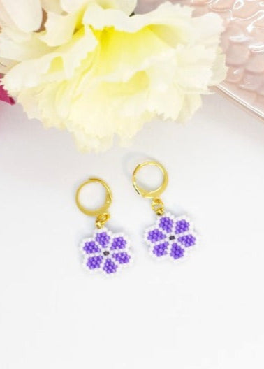Purple daisy hoop earrings