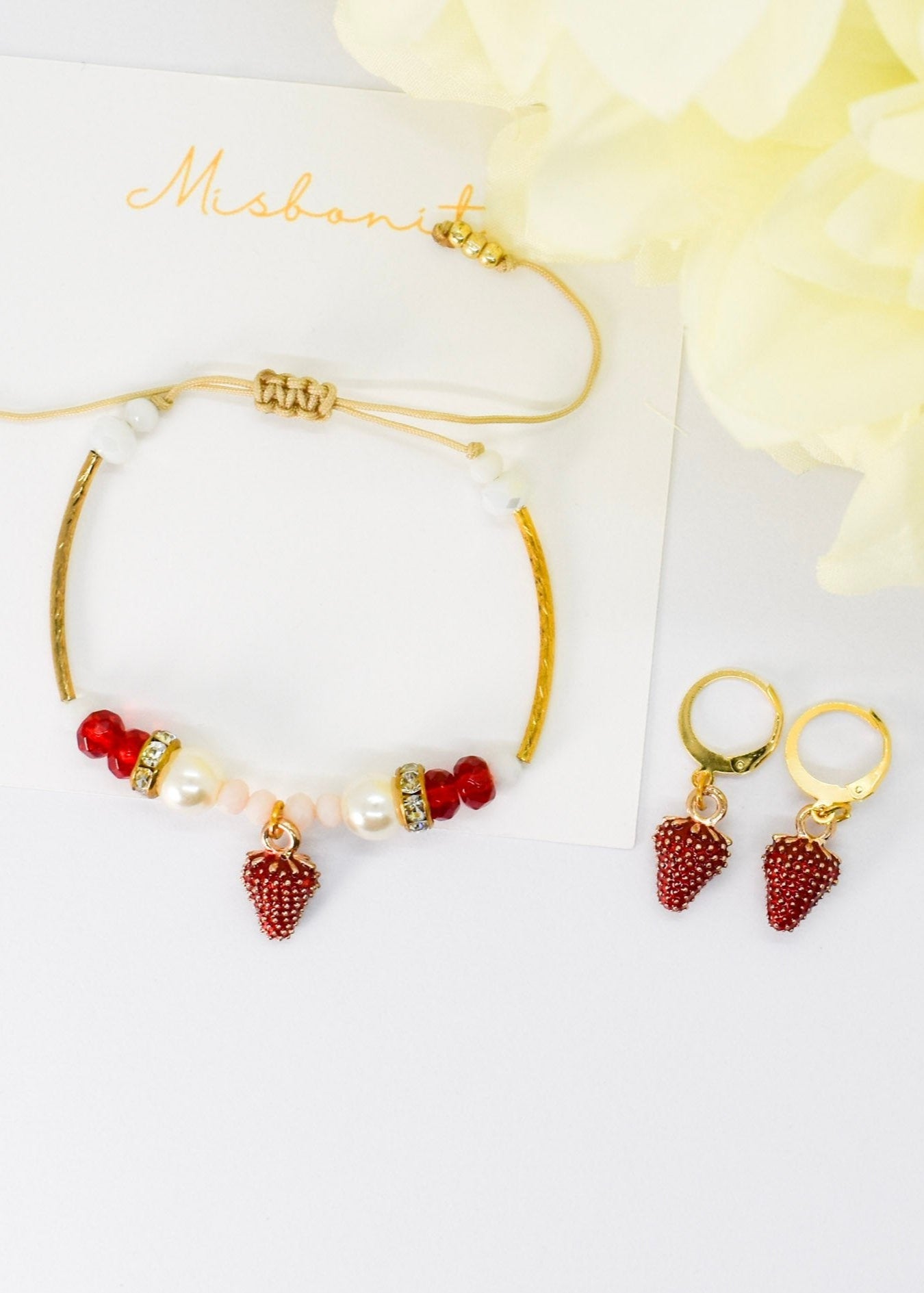 strawberry bracelet and earrings