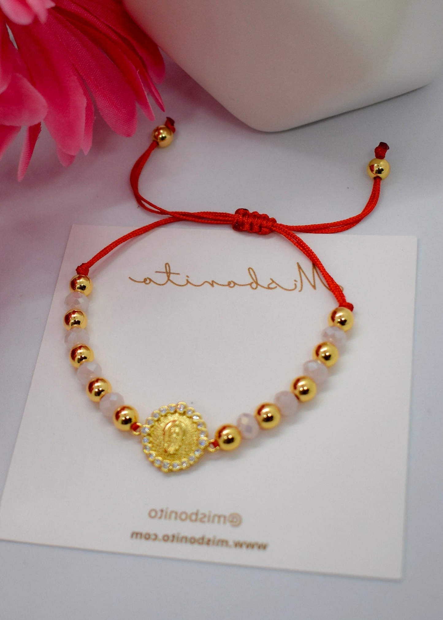 virgin mary bracelet with pink crystal