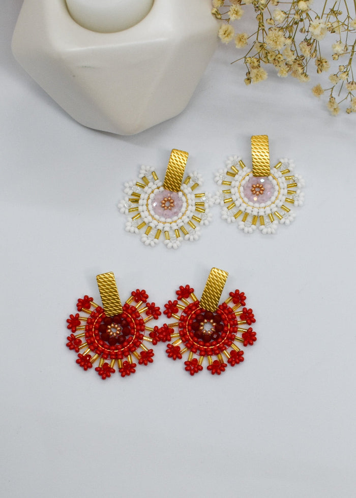 red and white round beaded earrings