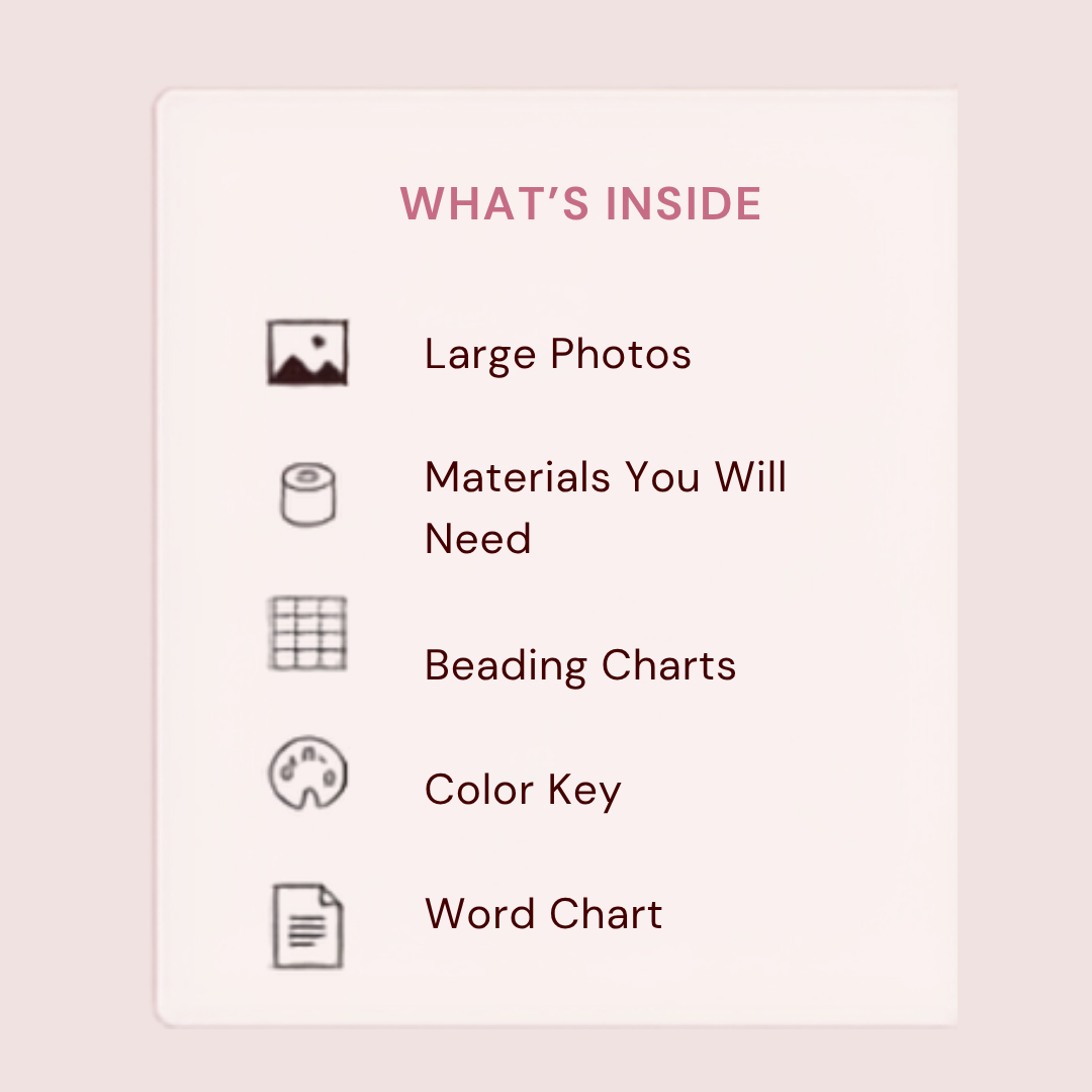 A product information graphic titled 'WHAT'S INSIDE' on a pale pink card, listing included items such as large photos, materials, beading charts, a color key, and a word chart with simple icons.