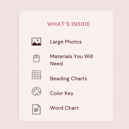 A product information graphic titled 'WHAT'S INSIDE' on a pale pink card, listing included items such as large photos, materials, beading charts, a color key, and a word chart with simple icons.