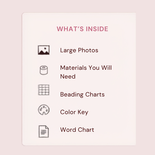 A product information graphic titled 'WHAT'S INSIDE' on a pale pink card, listing included items such as large photos, materials, beading charts, a color key, and a word chart with simple icons.