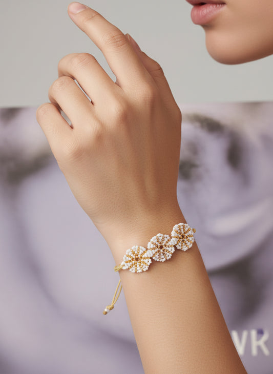 AI model wearings a white rondelles bracelet