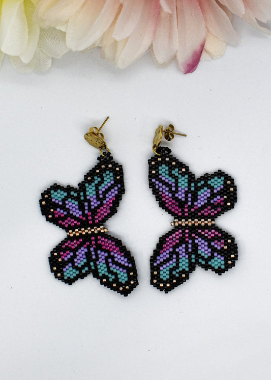 beaded butterfly pink earrings