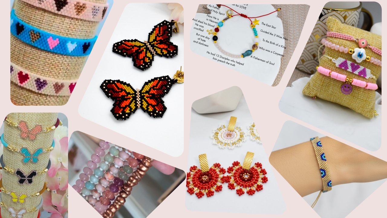 Collage of various handmade jewelry items including bracelets, earrings, and necklaces by misbonito
