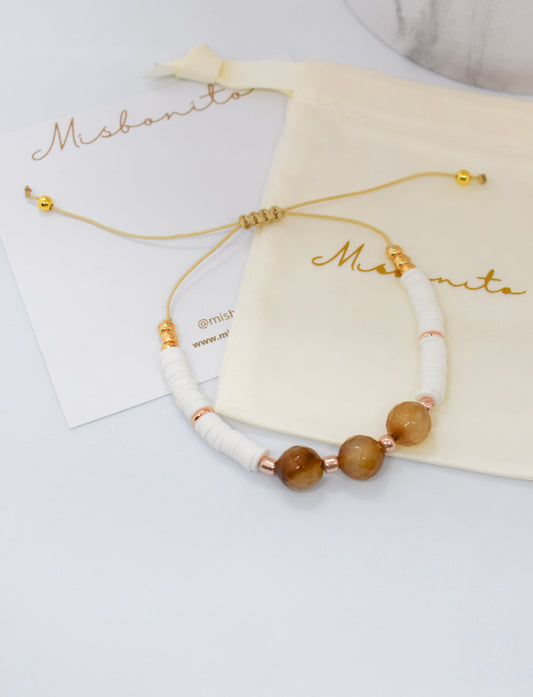Bracelet with white polymer clay beads and brown agates