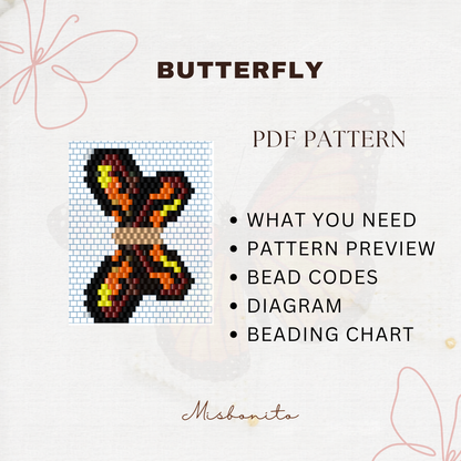 Butterfly bead pattern with bead codes and diagram on a white background