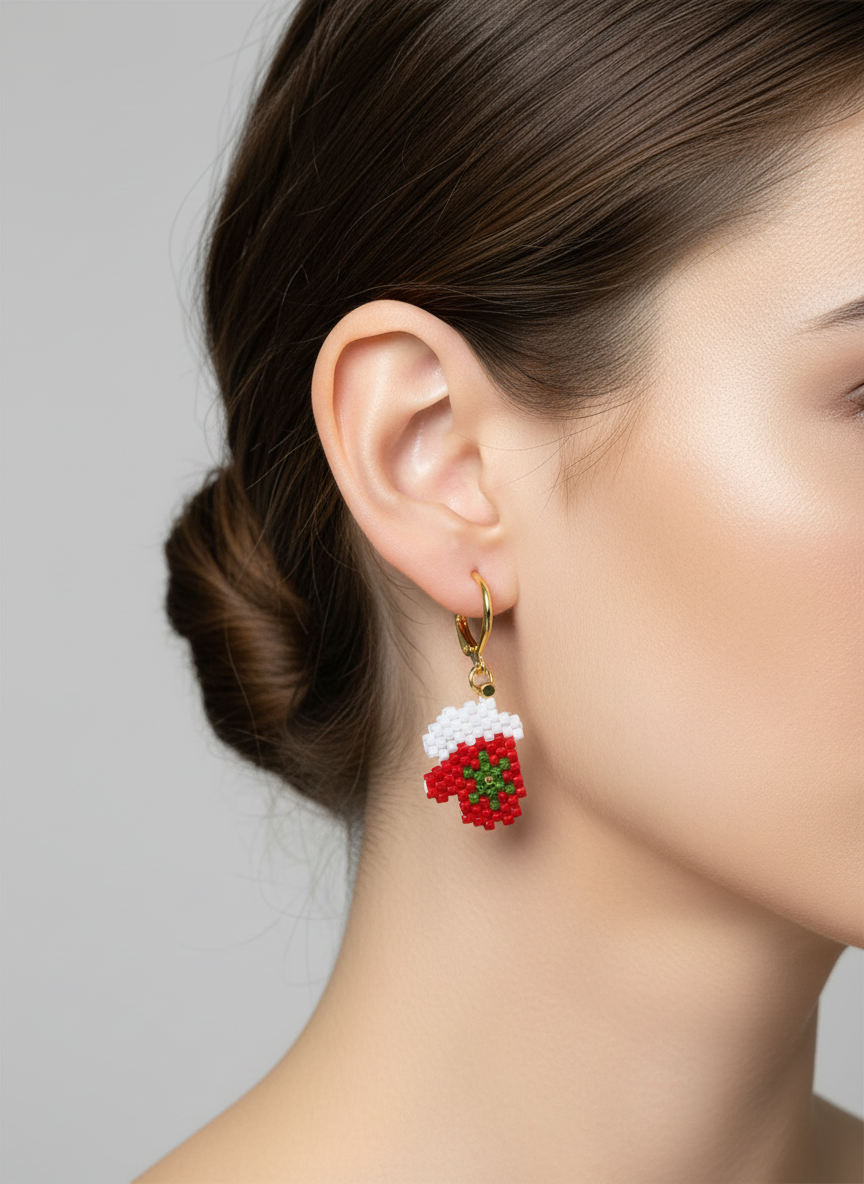 Close-up of a person wearing a floral earring against a neutral background