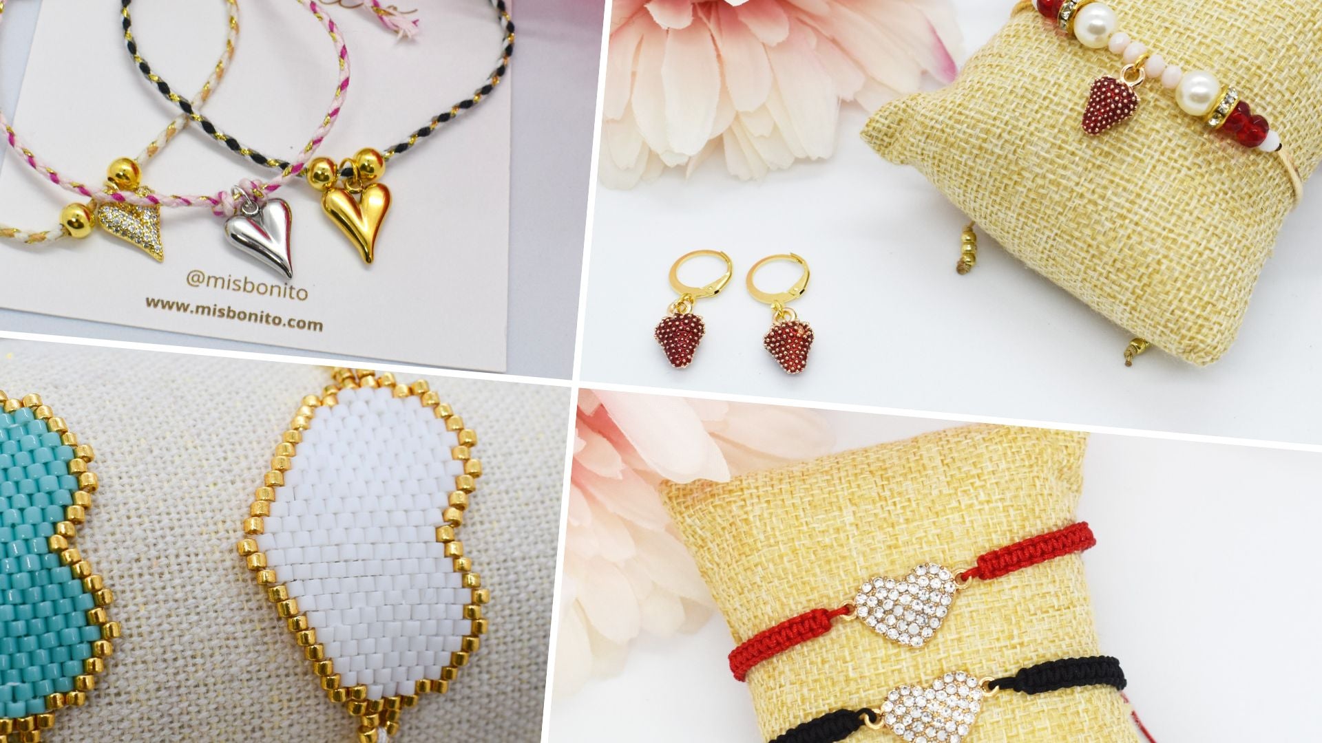 Collage of jewelry including bracelets, earrings, and a beaded pouch with heart designs