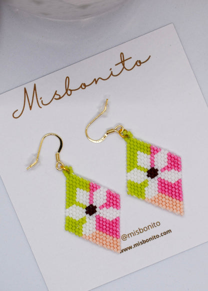 FLORAL BEADED EARRINGS green and pink