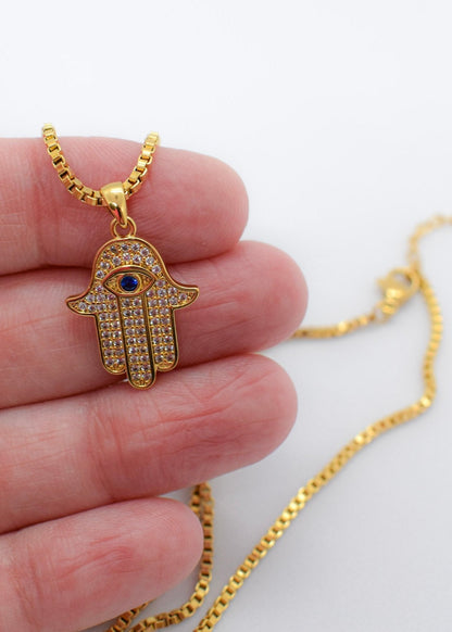 Hamsa Hand Charm Necklace on hand