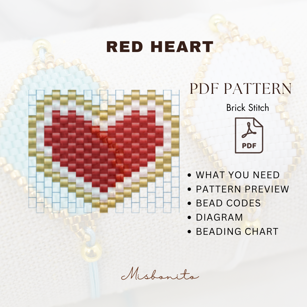 Promotional graphic for a PDF brick stitch bead pattern titled 'RED HEART' by Misbonito. It shows a completed heart design made of red, white, and gold beads, with text listing included contents such as bead codes, a diagram, and a beading chart.