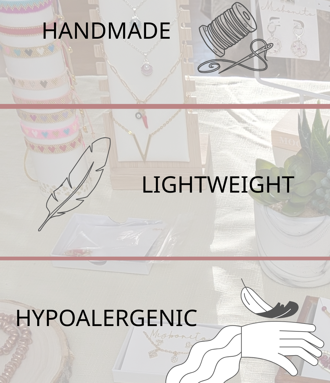 Promotional graphic for handmade, lightweight, and hypoallergenic jewelry, featuring text labels over a softly blurred background of jewelry packaging, necklaces, and stationery.