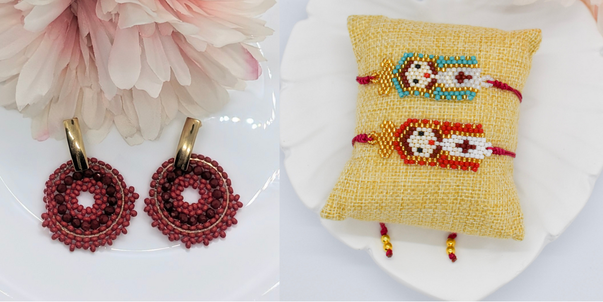 A split-screen product display featuring a pair of dark red beaded hoop earrings on the left and a yellow woven pillow with two beaded Rakhi-style wristbands on the right, both styled on white plates with pink flowers.
