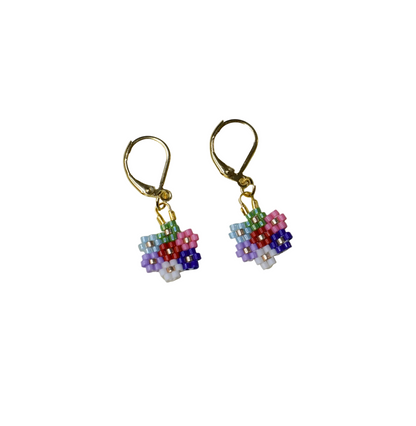 Pair of beaded flower earrings on a beige background