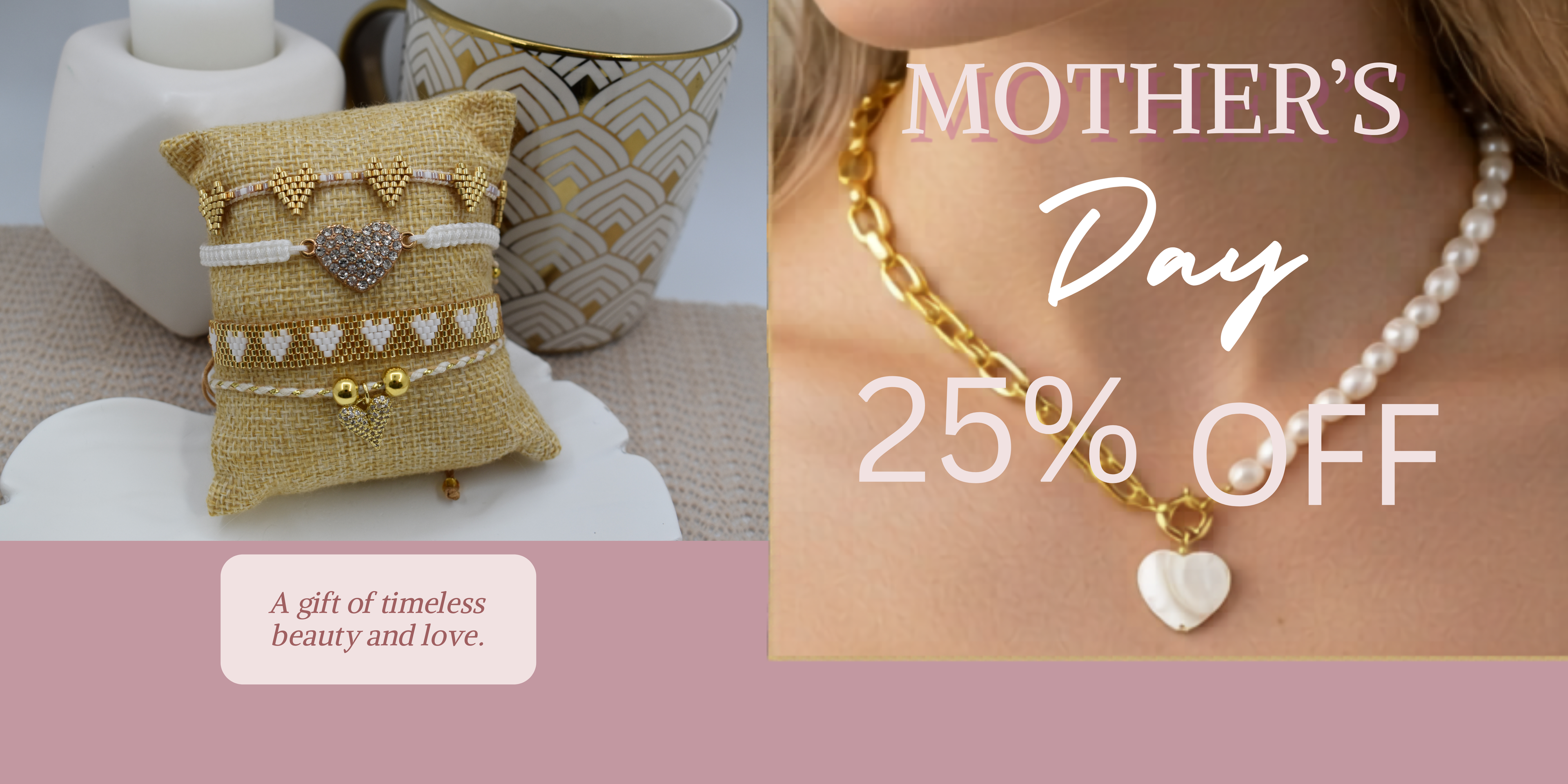 Promotional image for Mother's Day with jewelry and a decorative pillow, featuring a 25% off offer.