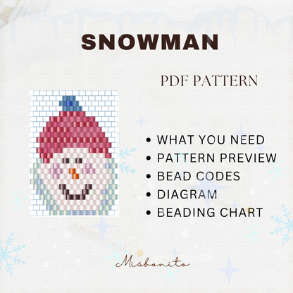 Snowman bead pattern with bead codes, diagram, and chart on a white background