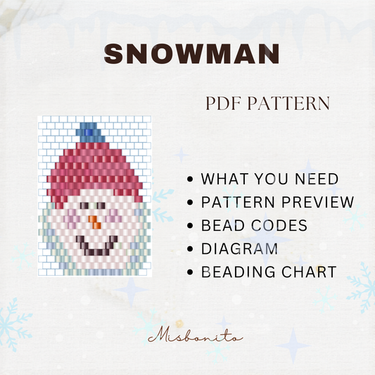 Snowman bead pattern with bead codes, diagram, and chart on a white background