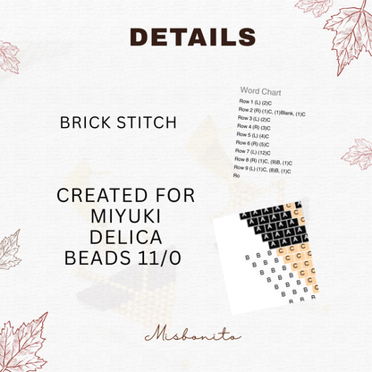 Brick stitch pattern for Miyuki Delica beads 11/0 with text and leaf designs on a white background.