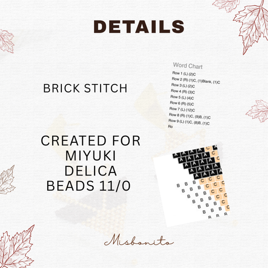 Brick stitch pattern for Miyuki Delica beads 11/0 with text and leaf designs on a white background.