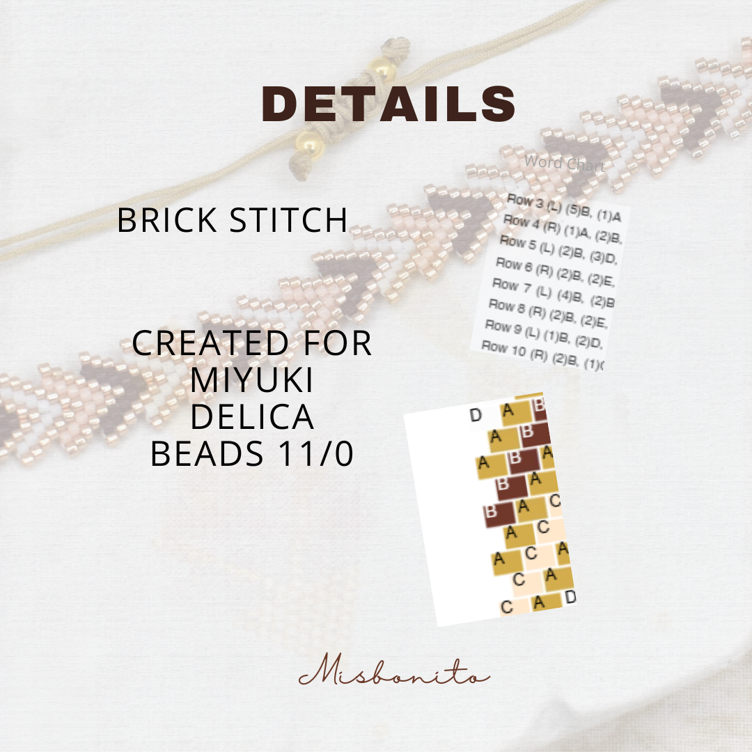 Brick stitch pattern for Miyuki Delica beads 11/0 with a color chart and text on a white background.