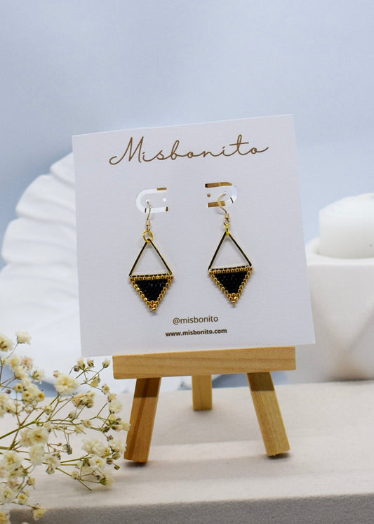 black geometric earrings on a display card