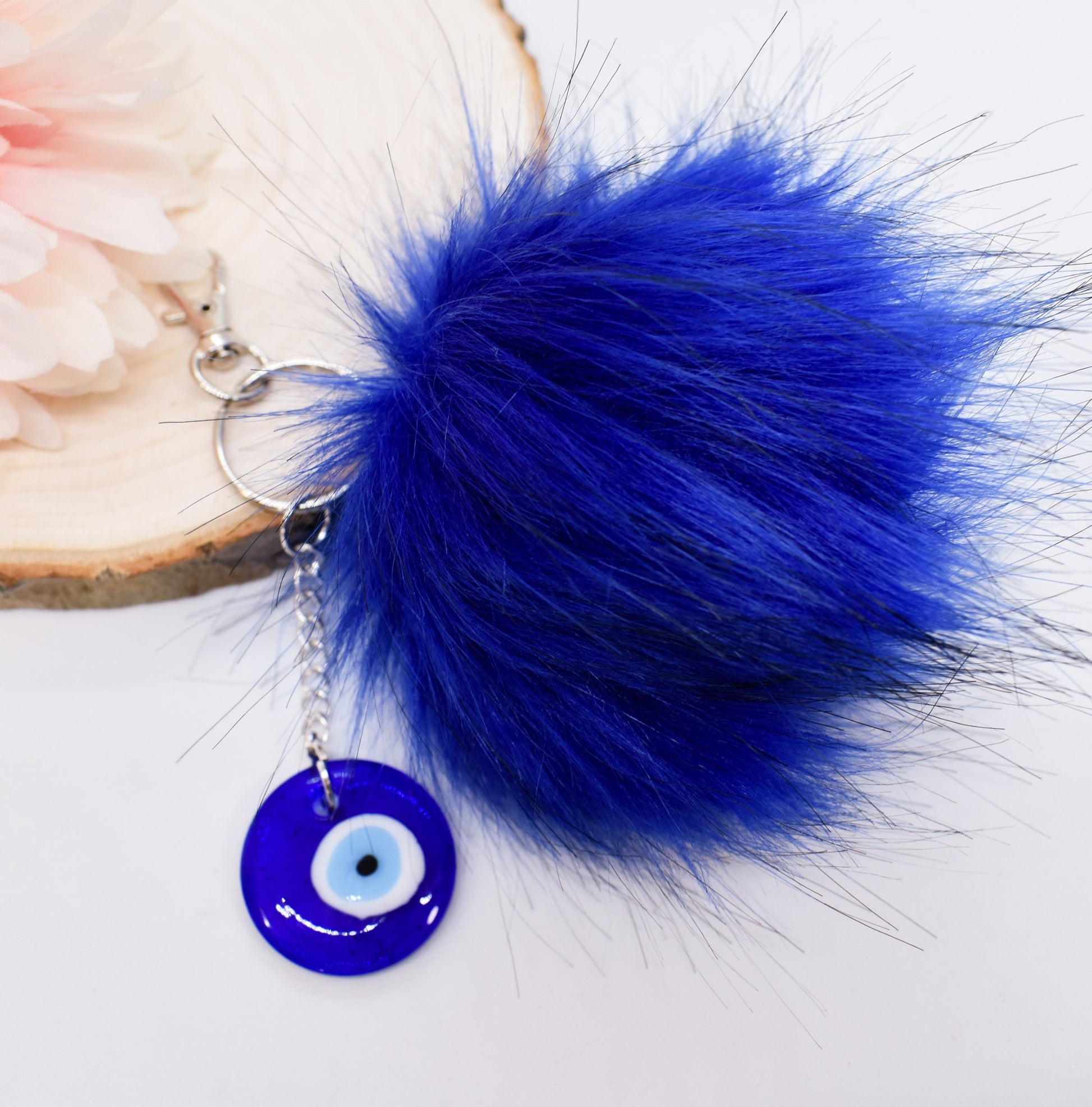 blue fur pom pom keychain