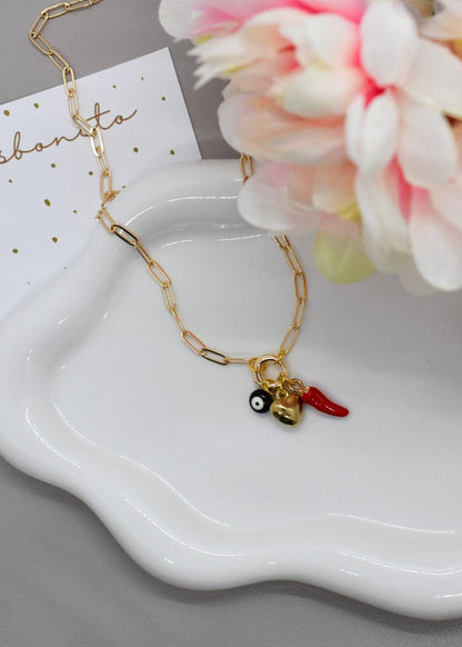 evil eye heart and chilli necklace