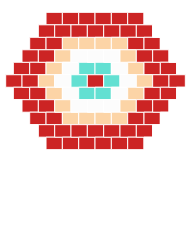 Pixelated design of a face with red and beige squares on a white background