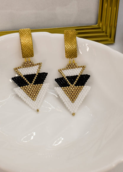 geometrical black earrings on a tray