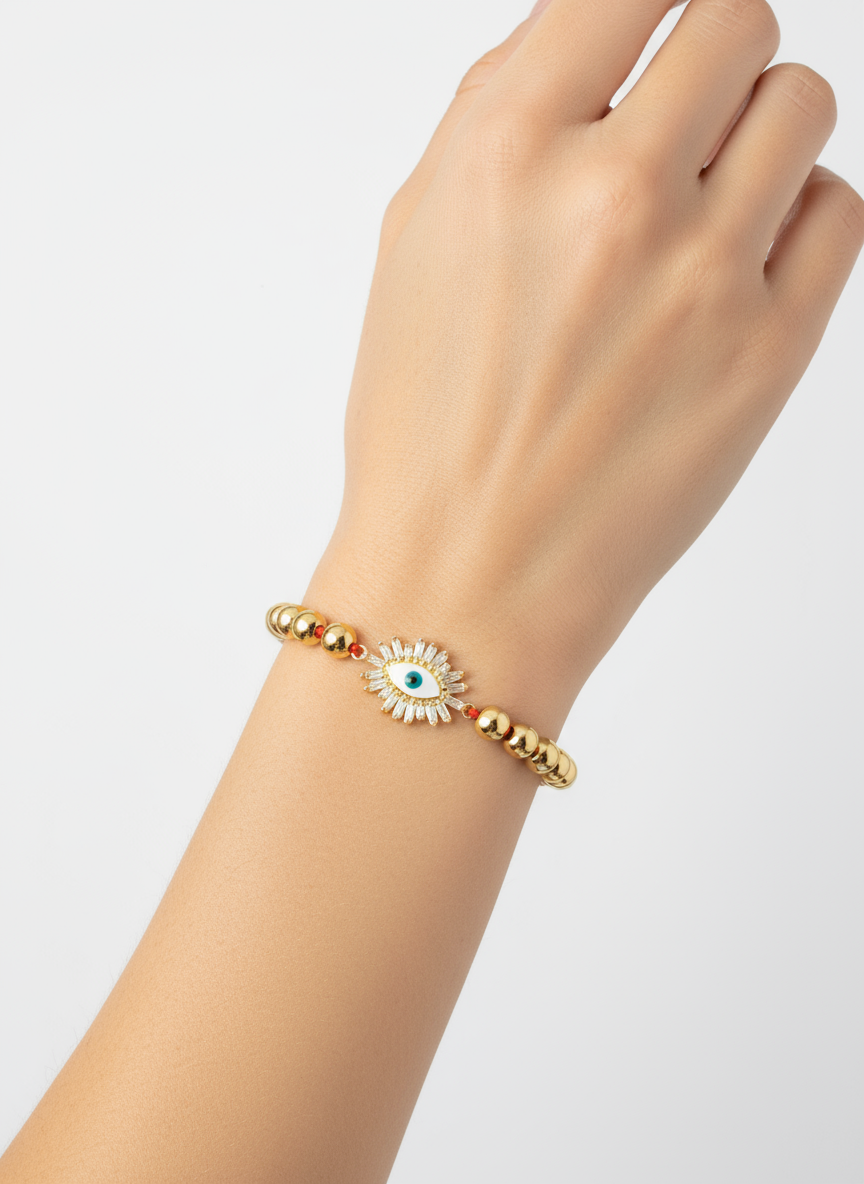 Ai generated Gold bracelet with a decorative clasp on a hand against a light gray background